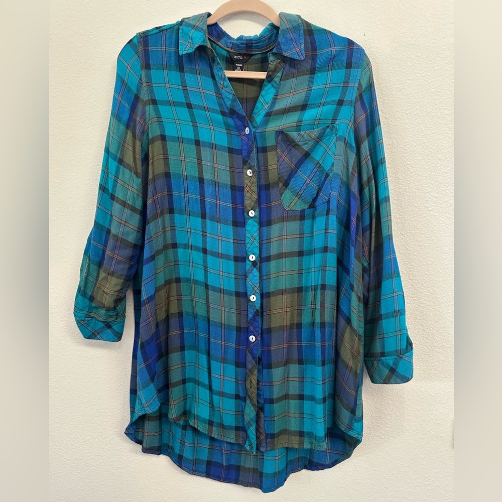 Intro Blue and Green Women’s Plaid Button-Up Shirt Plus Size 1X